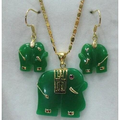 Natural Green red Jade Carved Elephant Pendant Necklace Earrings Set