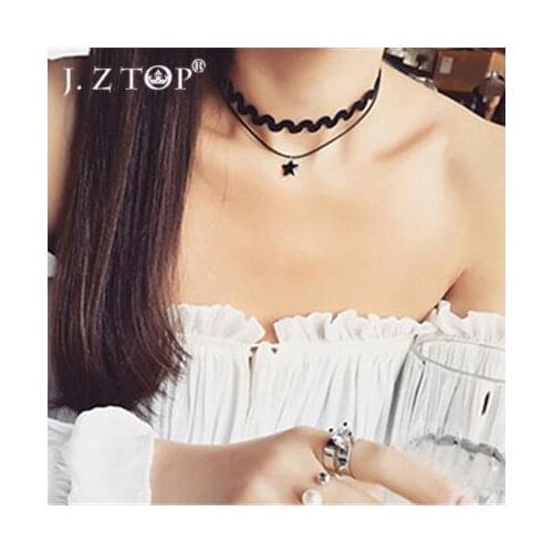 JZTOP New Imitation Pearl Black Lace Choker Collar Fashion Rivets Clavicle Chain Star Rhinestone Tassel Double Necklace Pendant