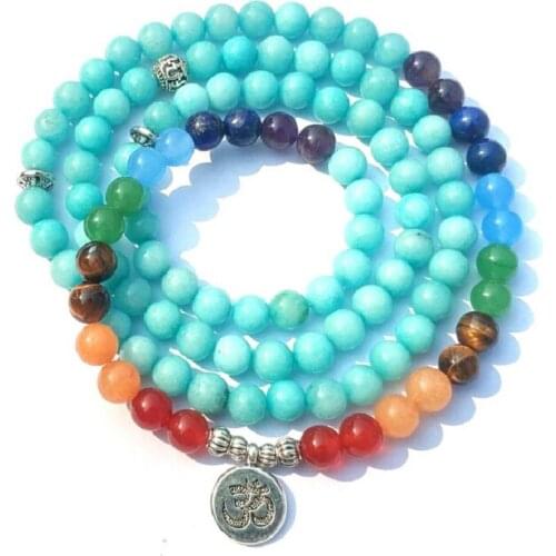 New Design OM Charm Energy Seven Beads Chakra Yoga 108 Mala 8mm Natural Amazonite Stone Healing Bracelet or Necklace Wholesale