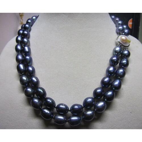 2row charming south sea black baroque 9-10mm pearl necklace 17inch 18inch
