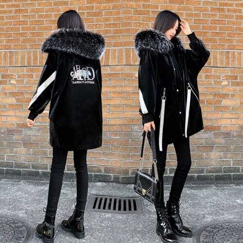 Oversized Winter Parka Coat Women Long Big Fur Collar Jackets Black Glossy Down Coats Embroidery Womens Warm Down Parkas Jackets