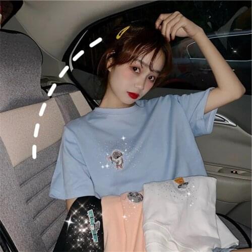 Cartoon embroidery T-shirts Women Harajuku Simple t shirt Sweet Casual Girls Diamond Loose Tees Short Sleeve Korean Student Tops