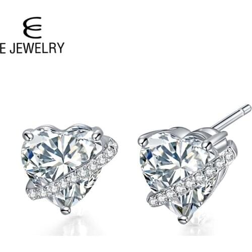 E 925 Sterling Silver Love Heart Stud Earrings for Women Girls Europe White AAA Cubic Zirconia Earring Jewelry 2020 New Arrival