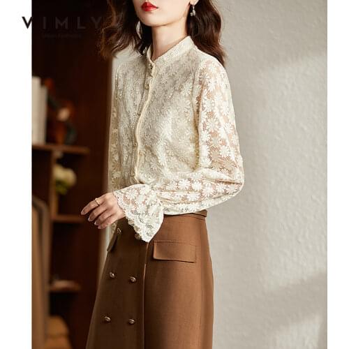 VIMLY Chiffon Shirt Womens Autumn 2021 Office Lady Fashion Long Sleeve Lace Blouse Elegant White Shirts Women Clothes F8709