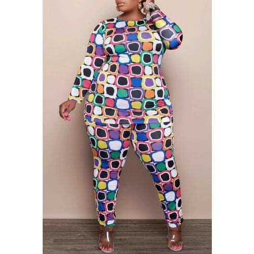 Rubiks Cube Printed Patchwork Outfit Plus Size Long Sleeve Trousers for Woman Fashionable O-neck Autumn Clothing Wholesale