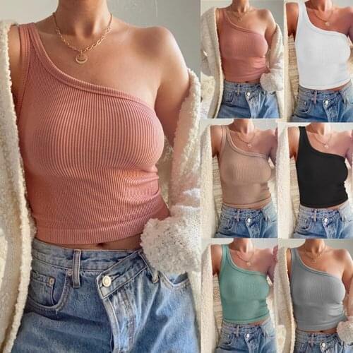 2021 Summer New Fashion WomenOne-Shoulder Slash Neck Fashion Bodycon Female Knit Crop Sleeveless Sexy Sweet Ladies Camis топы