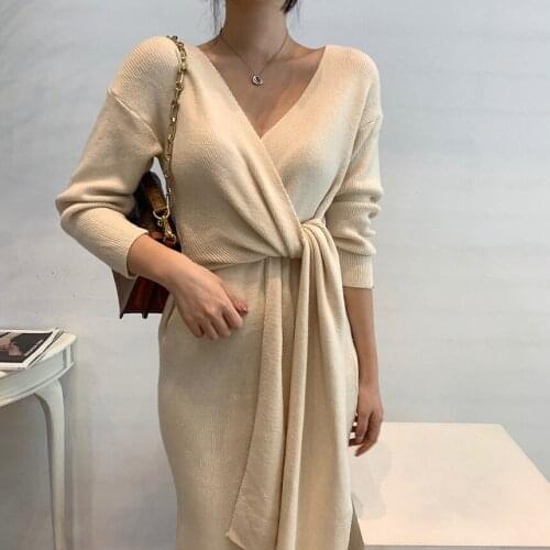 Belt Korean 2021 Woman V Neck Jumper Dresses Pollover Solid Thick Knitted Warm Autumn Casual Winter Sweater Dress Women New Robe