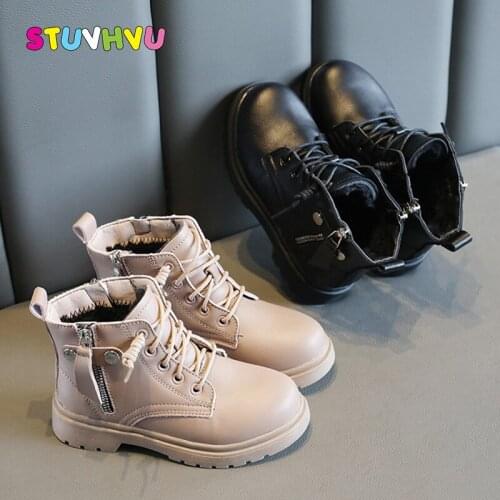 Winter Boots for Girls Shoes Zipper Leather Children Martin Boots Plus Velvet Thicken Warm Kids Cotton Shoes Girls Boot 3-12y