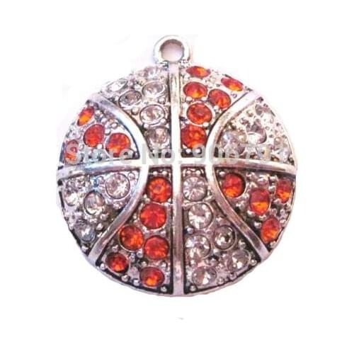 100pcs a lot antique silver studded with sparkling crystal Basketball Orange and Clear crystal sports Pendant