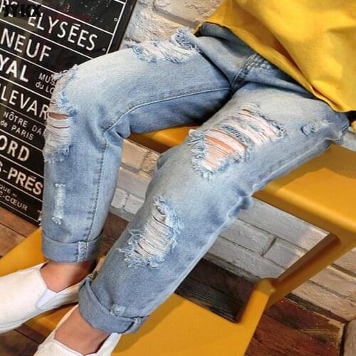 2020 New Fashion Multicolor Hole Little Girl Jeans Boy Spring and Summer Denim Casual Loose Cuffed Jeans Children Pants