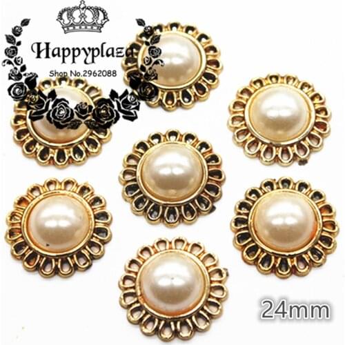 30PCS 24mm Golden Flower Pearl Plastic Flatback Button Decoration Sewing Craft Scrapbook Accessories