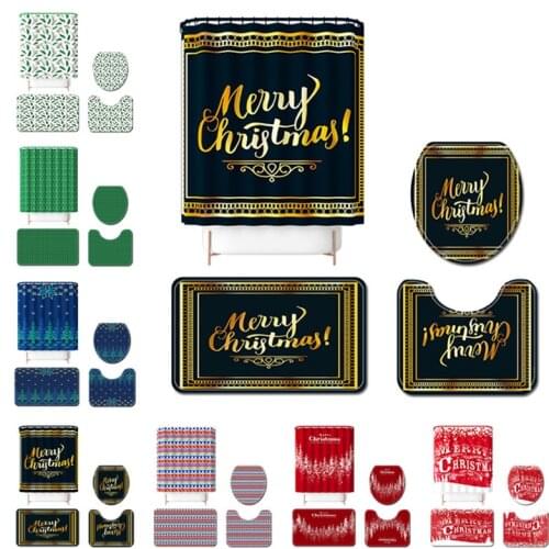 Christmas Bathroom Set Waterproof Shower Anti-Slip Curtain Toilet Cover Mat Non Slip Rug Home Christmas Decor Bathroom 4 Pcs Set