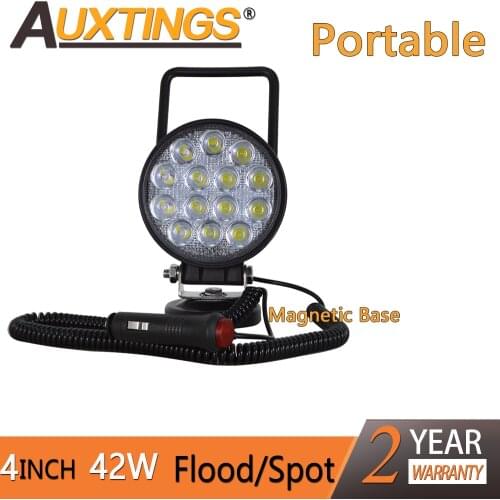 Auxtings 4in 4'' Portable 42W Round Flood/Spot Magnetic Base Led Work Light Car Truck Driving Offroad 4WD 4x4 SUV ATV 12V 24V