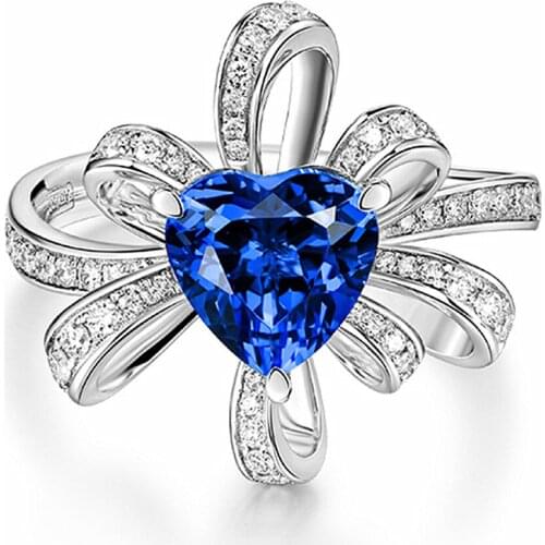 Bowknot Flower Chic Blue Crystal Sapphire Gemstones Diamonds Rings for Women White Gold Color Fashion Jewellery Accessories Gift