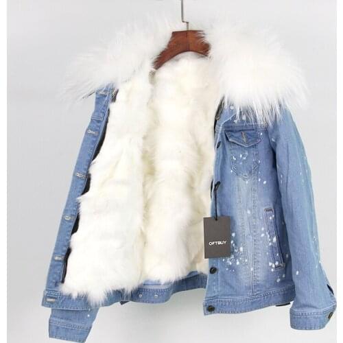 Brand 2020 Real Fox Fur Autumn Winter Jacket Coat Women Holes Denim Jacket Real Large Raccoon Fur CollarThick Warm Liner