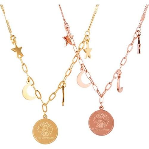 Stainless Steel Little Flower Rose Gold Round Disc Tag Pendant Necklace Moon Star Necklaces Jewelry Gift For Him