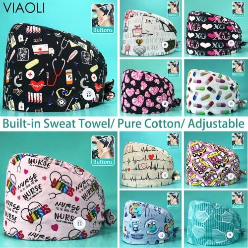 Beating heart print Tieback Cotton Scrubs caps Scrubs Hats lab hat High Quality adjustable Scrubs caps beauty salon work caps