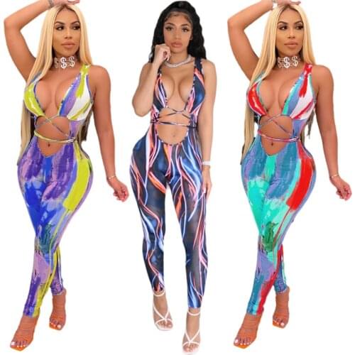 Summer Tie Dye Print Overalls for Women Jumpsuit Sexy Cut Out Deep V Neck Bandage Pencil Pants Bodycon Jumpsuit Women Outfits