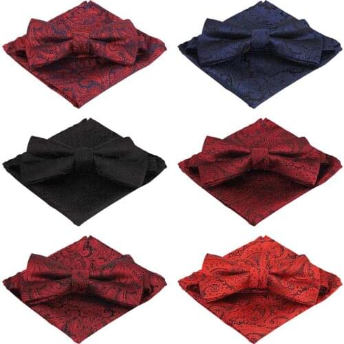 Men Paisley Floral Pre-tied Bow Tie Pocket Square Wedding Party Handkerchief Set BWTQN0085