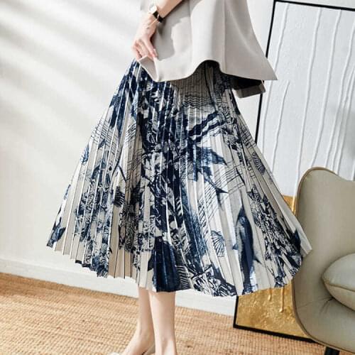Pleated skirt skirt summer 2021 new nautical print high waist slimming mid-length skirt elegant chiffon A-line skirt female