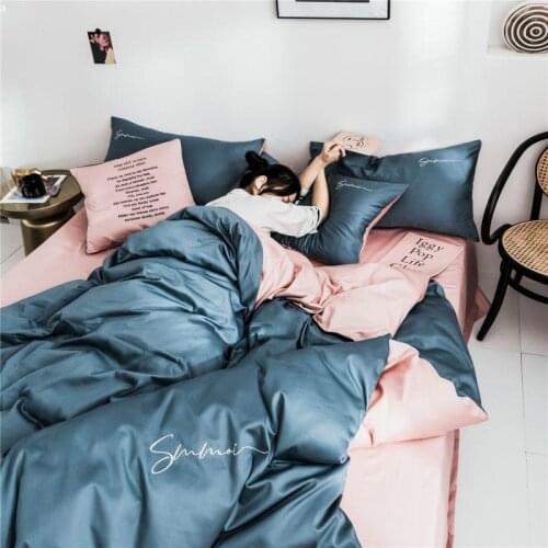 Letter Embroidery Silky Bedding Set Soft Egyptian Cotton Satin Duvet Cover Luxury Solid Color Bed Set with Fitted Sheet