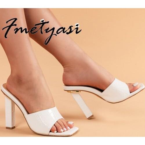 Woman Pumps Sandals Summer Fashion Height Increasing Snake Print Patent Leather Slides Block Heels Peep Toe Party Slip-on