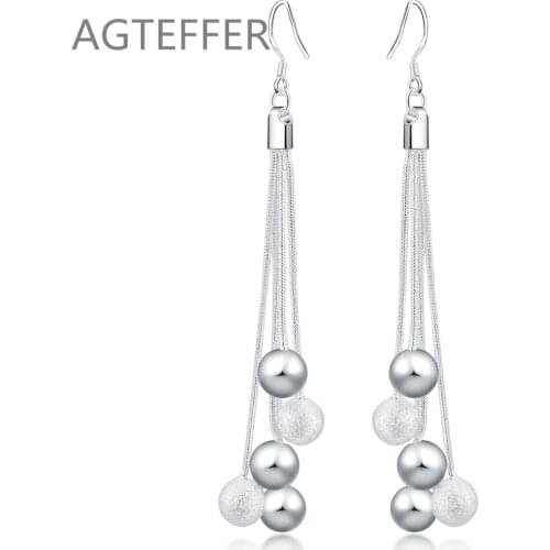 AGTEFFER 925 Sterling Silver Five Line Snake Chain Smooth Frosted Beads Ball Earring For Women Wedding Engagement Party Jewelry