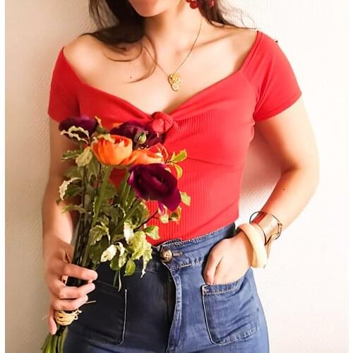 Knot Tee Shirts 2021 Summer Women Clothes V-neck Short Sleeve Cotton T-shirt Female Backless Tunic Tshirts Elegant Retro Hauts