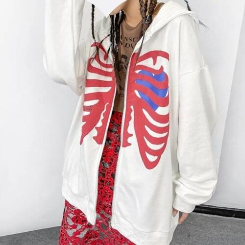 Y2K Skull Print Jacket Women Long Sleeve Zip-up Cardigan Hooded Sweatshirt 2021 New Korean Style Harajuku Gothic Loose Coat