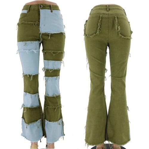 Women Bell Bottom Jeans Fashion Two Tone Patchwork Tassel High Waist Jeans