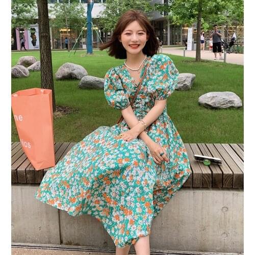 Fashion Korean New Flower Print Women 2021 Summer Elegant V Neck Puff Sleeve Pleated A Line BIg Swing Party Long Dress