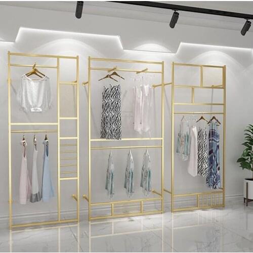 Gold Clothing Store Display Rack Floor Double Hanger Womens Clothing Store Decoration Design Renderings High Cabinet Shelf