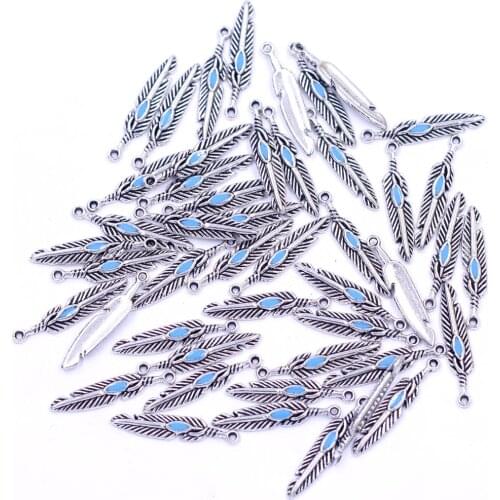 250Pcs Silver Tone Enamel Peafowl Bird Feather Metal Pendants Jewelry Findings Charms 5mmx28mm