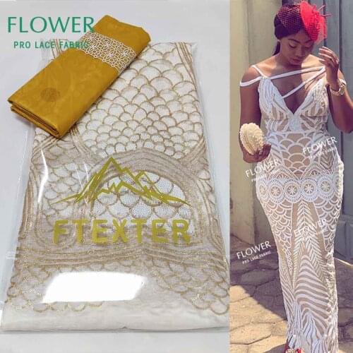 White 2.5+2.5 Yards With Sequins Bazin Riche Fabric African Net Mesh Lace Nigerian All Occasions Wear Sewing Evening Gowns Lace