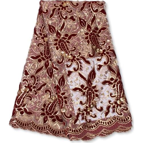 Sequins Net Embroidery Lace Fabric Velvet African Fabrics High Quality Nigeria 2021 Nigeria Embroidery Wine New Designs 4243B