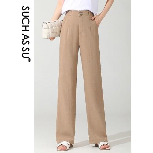 SUCH AS SU Casual Cotton Linen Black Khaki Straight Women Full Length Trousers Loose Female Elastic High Waist Mopping Pants