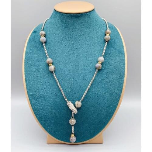 10mm Gray Labradorite Necklace Box Chain Magnetic Clasp Gold and Silver Color Combination Adjustable Lengths 18 Inch to 22 Inch