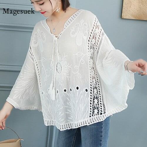 Korean Solid Butterfly Sleeve Shirt 2021 Summer Casual Knitted Hollow Loose White Top Lace White Blouse Women Blusas Mujer 5739