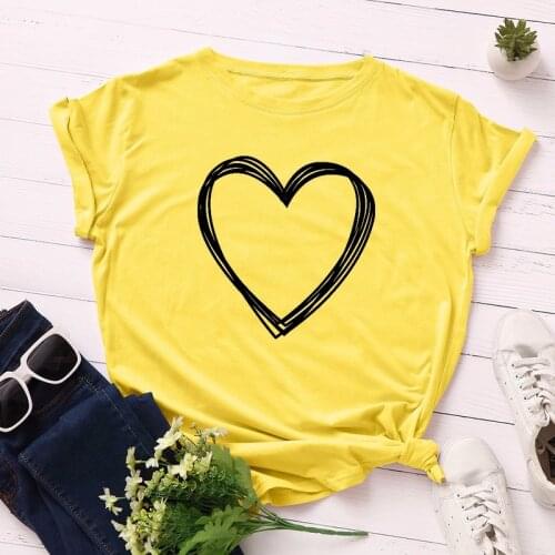 Cotton Summer T-Shirt Women Plus Size S-5XL Graphic Love Heart Print Female Short Sleeve Basic Tshirts Casual Fashion Tops Tees