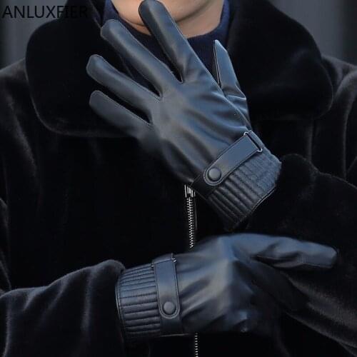 H9971 Men Gloves Male Leather Black Mittens Fall Winter Thick Wind Proof Waterproof Touch Screen Warm Thermal Fashion Hand Muff