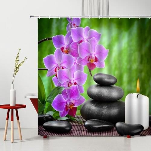 Zen Flowers Shower Curtain Purple Floral Green Bamboo Plant Printed Bathroom Decor Bathtub Screen Home Supplies Bath Curtains