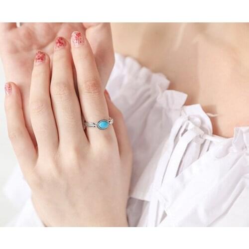 Retro Natural Oval BlueTurquoise Ring Exquisite Personality Adjustable Opening Womens Silver Color Ring Fashion Party Jewelry