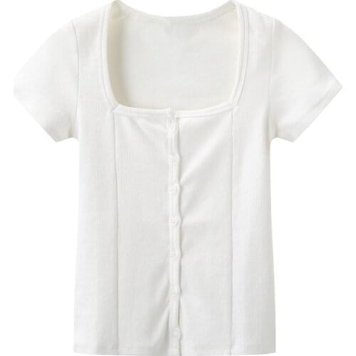 Sweet Women Soft Cotton Square Collar T-shirt 2021 Summer Fashion Ladies Vintage Straight T-shirt Female Solid Color Short Top