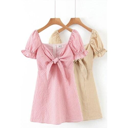 JC·KILIG 2021 Plaid Pattern Showing Thin Bow Tie Short Sleeve Temperament Close Waist Short Skirt Holiday Dress DP9275