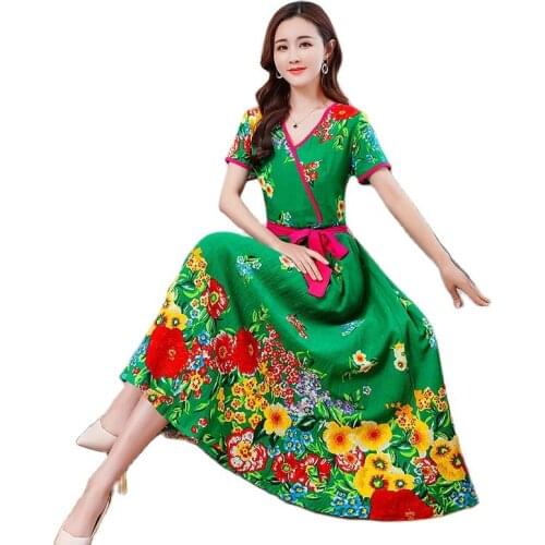 Fashion Cotton Silk Dresses For Women 2021 Printed Over The Knee New Style Long Literary Retro Waist Short-Sleeved Dress
