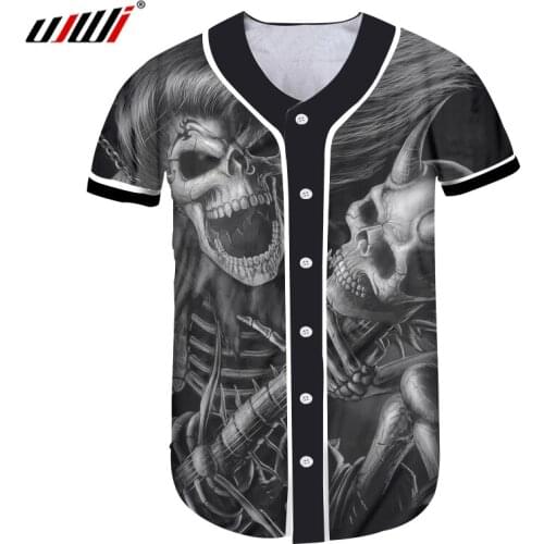 UJWI Mens 3D Printed Long Hair And Angle Skull Man Black White Baseball Shirt Big Size Hip Hop Street Clothing Tshirt 5XL