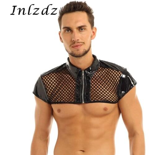 Harness Mens Lingerie See Through Mesh Fishnet Cap Sleeve Leather Chest Harness Shirt Muscle Half Tank Top Gay Homme Sex Costume