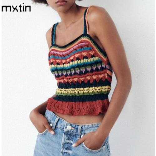 MXTIN 2021 Women Summer Vintage Striped Crochet Cropped Knitted Tank Tops Fashion Sleeveless Backless Female Casual Chic Tops