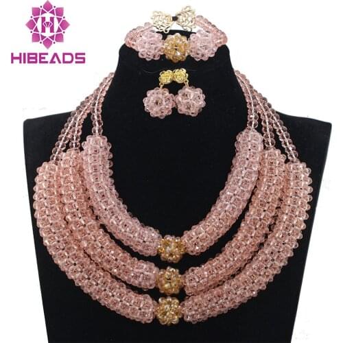 Great 3 Layers Peach Crystal Bib Statement Necklace Set Peach Pink Wedding Party Beads Jewelry New Free Shipping QW988