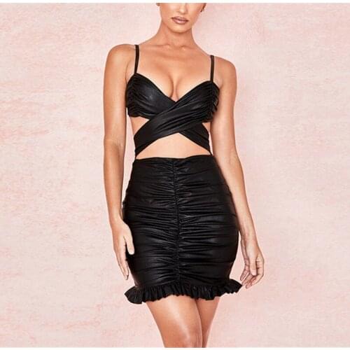 Summer Strap Sleeveless V-Neck Leather Above Knee Black Celebrity Sexy Women Dress Evening Party Dress